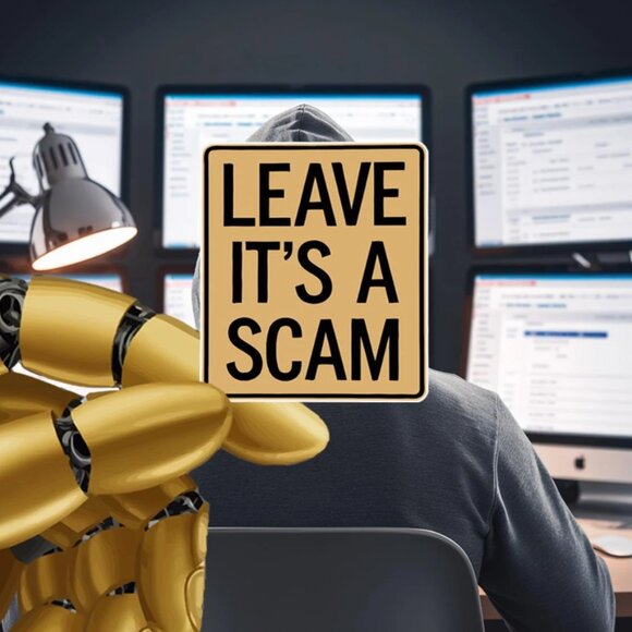 "LEAVE IT'S A SCAM" Waterproof Vinyl Sticker  5x5.7cm - Picture 1 of 1